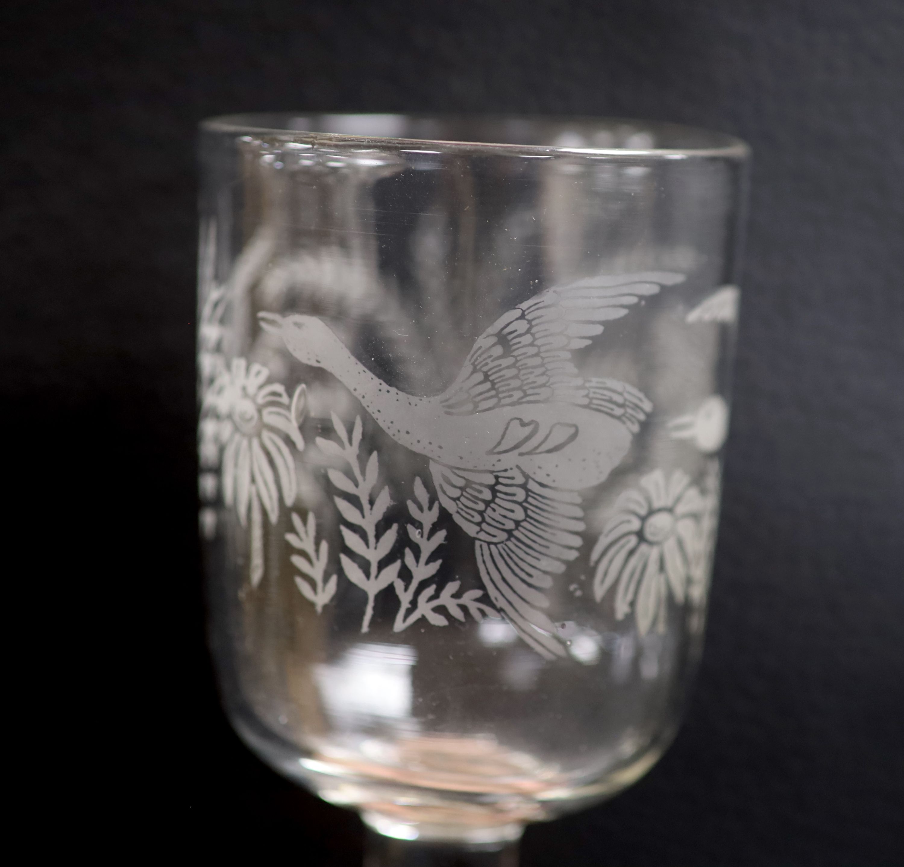 A set of ten etched glass goblets, height 14cm